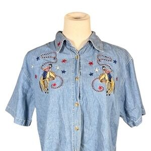 Quizz Again Vintage Western Embroidered Denim Shirt Blue Cotton XL Short Sleeve